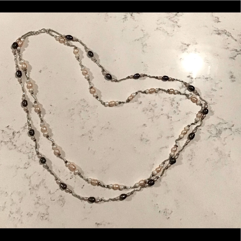 Artisan Faux Pearl and Silver Bead Double Strand Necklace 38”